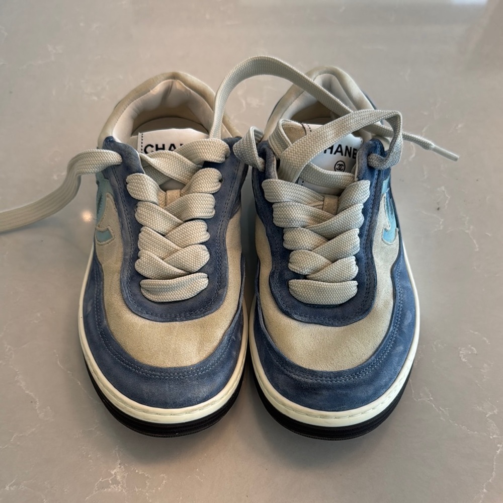 CHANEL Blue and Cream Sneakers